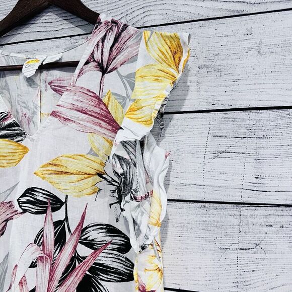 C&C California Dress Size Large Linen Tropical Floral Ruffle Sleeveless Shift - Picture 4 of 7